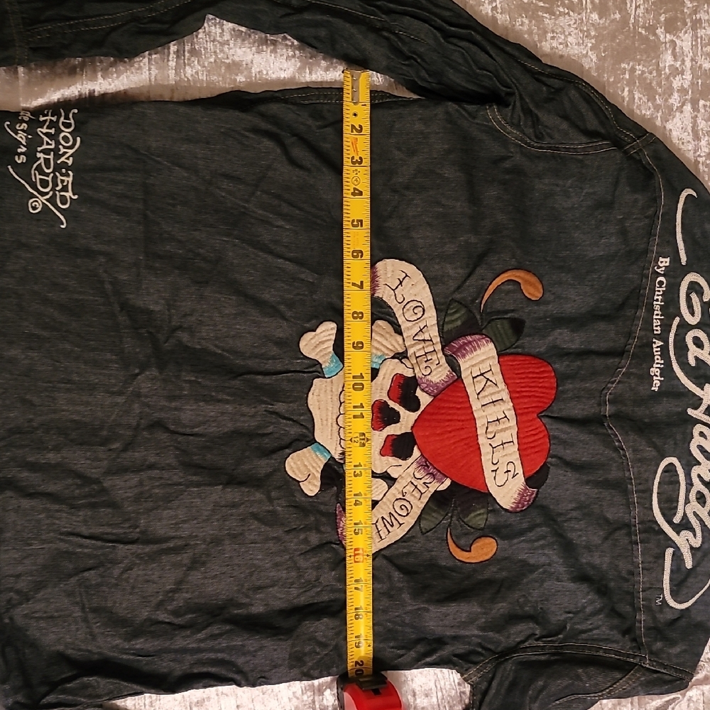 Rare Ed Hardy Men's Large Snap Pearl Dark Denim Shirt - Picture 9 of 10